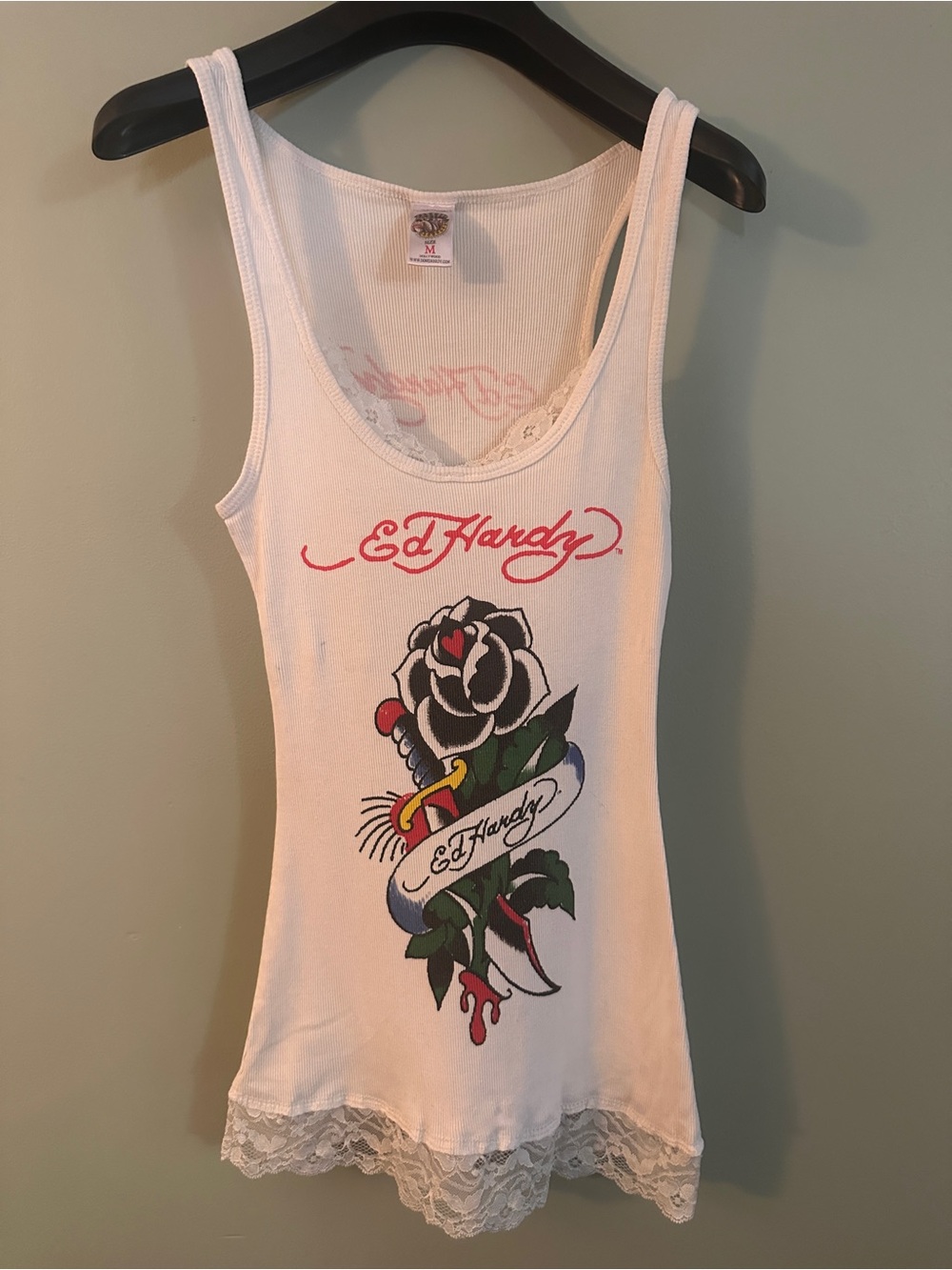 Ed Hardy Vintage White Graphic Lace-Trim Tank Top